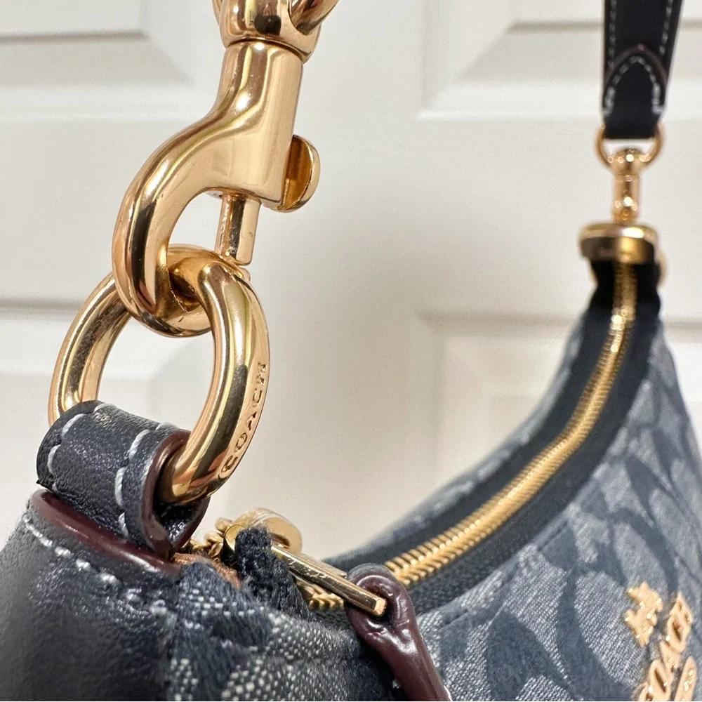 Coach Teri Shoulder Bag Signature Chambray Leather Trim
